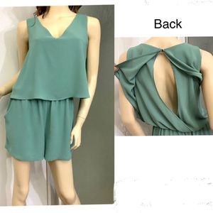 exc Tyche romper shorts sage green gray Pocket keyhole back overlay stretch tier